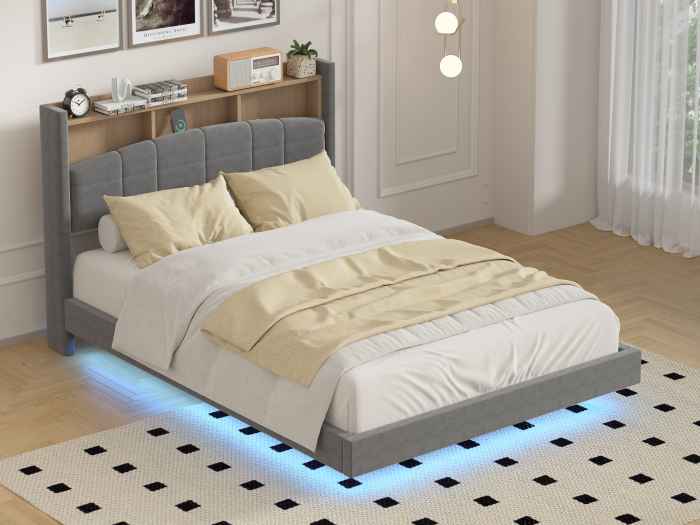 Pat C01 Tapitat Catifea 160x200cm, cu iluminare LED integrata, Gri, Saltea Ortopedica 20cm inclusa [1]