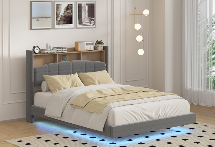 Pat C01 Tapitat Catifea 160x200cm, cu iluminare LED integrata, Gri, Saltea Ortopedica 20cm inclusa [2]