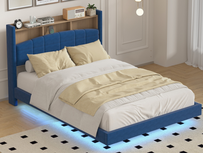 Pat C01 Tapitat Catifea 160x200cm, cu iluminare LED integrata, Albastru, Saltea Ortopedica 20cm inclusa [3]