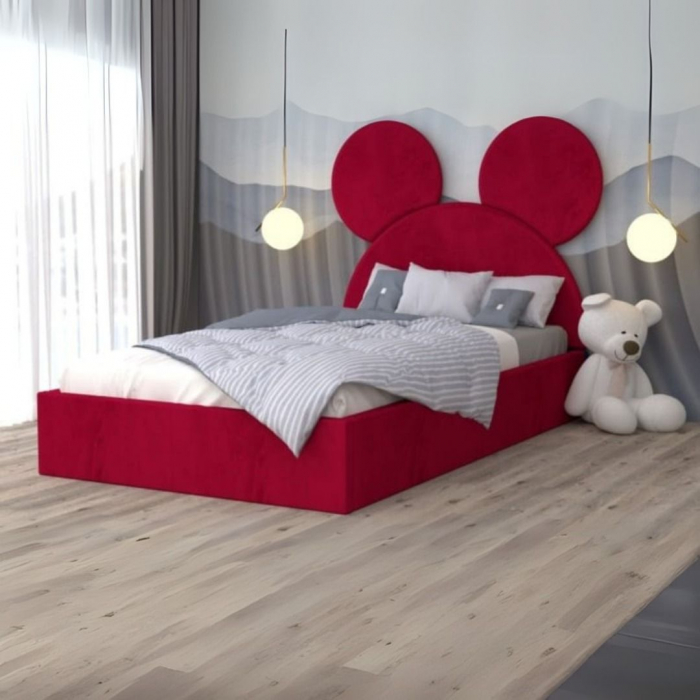Pat Complet Tapitat Micky4 Cu Saltea 140x200cm, Culoare Rosu [1]