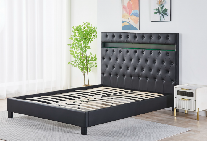 Pat Tapițat Catifea cu Iluminare LED, Somieră si Saltea Inclusă – Negru 160x200 cm | Cod FB-18 [1]