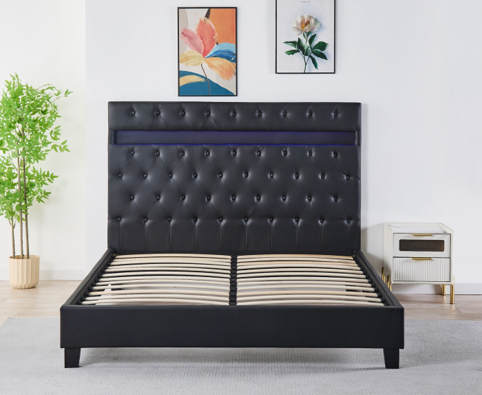 Pat Tapițat Catifea cu Iluminare LED, Somieră si Saltea Inclusă – Negru 160x200 cm | Cod FB-18 [4]