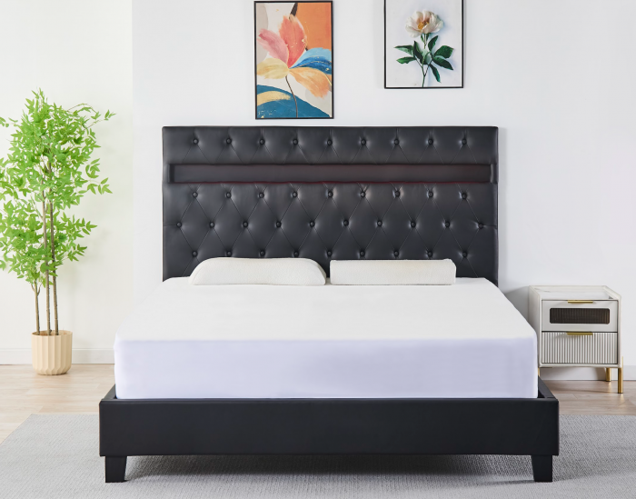 Pat Tapițat Catifea cu Iluminare LED, Somieră si Saltea Inclusă – Negru 160x200 cm | Cod FB-18 [2]