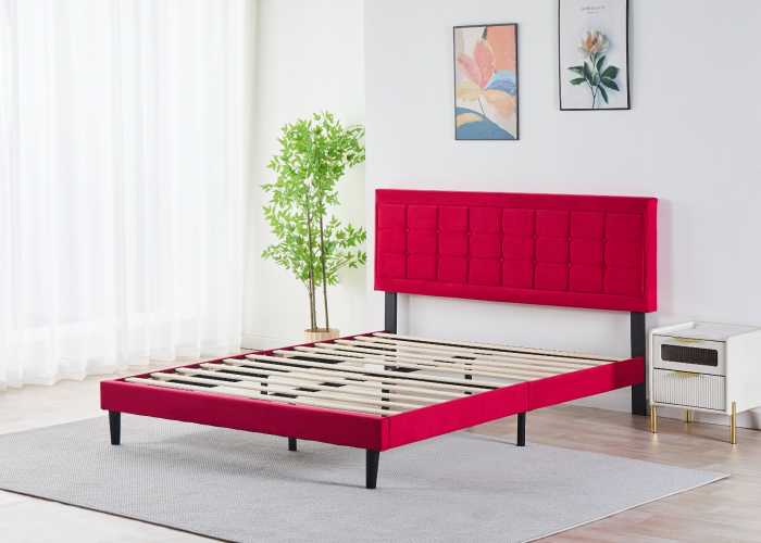 Pat Malaga Complet Tapitat Catifea, Culoare Rosu, 160x200cm, Saltea Ortopedica 20cm inclusa [2]