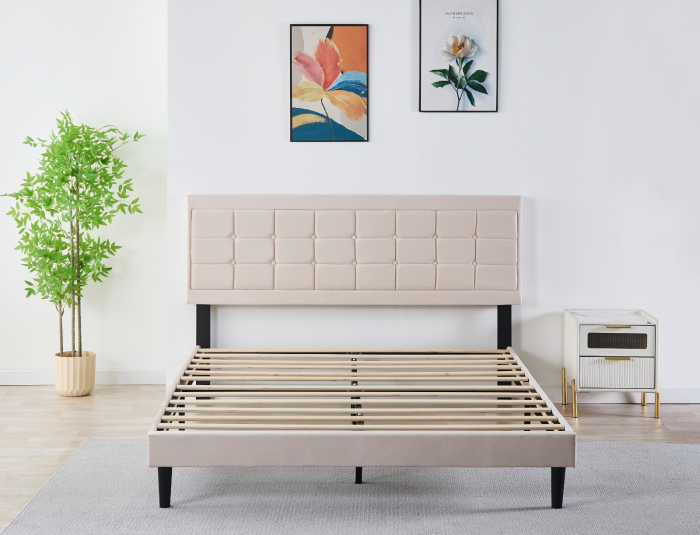Pat Malaga Complet Tapitat Catifea, Culoare Bej, 160x200cm, Saltea Ortopedica 20cm inclusa [3]