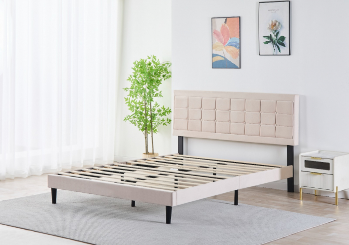 Pat Malaga Complet Tapitat Catifea, Culoare Bej, 160x200cm, Saltea Ortopedica 20cm inclusa [2]