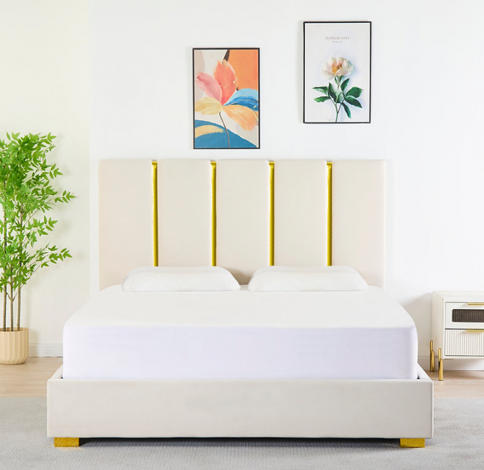 Pat Tapițat Catifea Bej 160x200 cm cu Somieră si Saltea  Inclusă – Cod LB-214 [4]