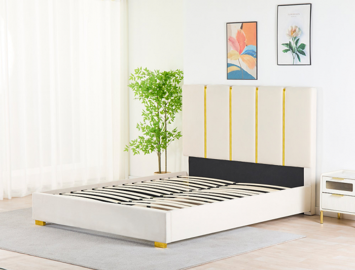 Pat Tapițat Catifea Bej 160x200 cm cu Somieră si Saltea  Inclusă – Cod LB-214 [2]