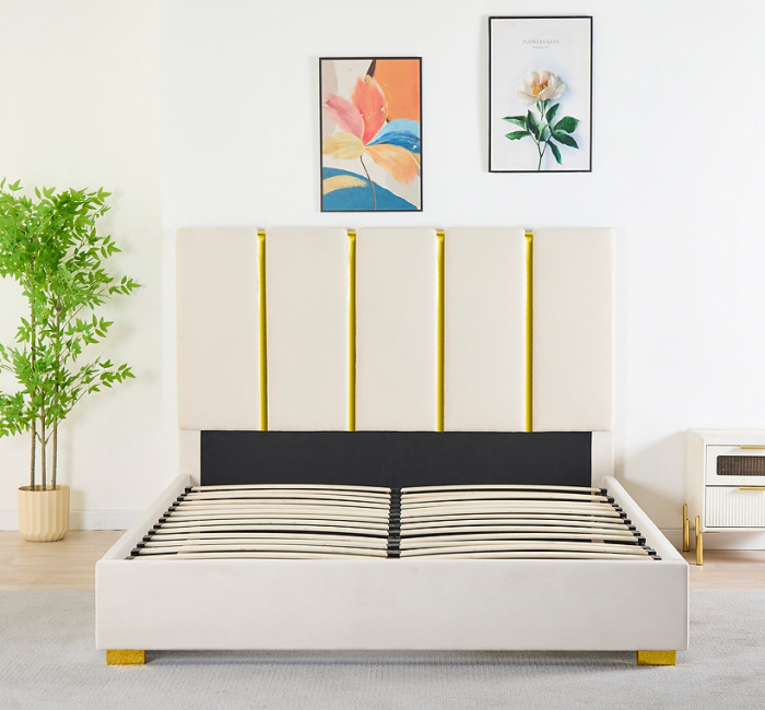 Pat Tapițat Catifea Bej 160x200 cm cu Somieră si Saltea  Inclusă – Cod LB-214 [1]