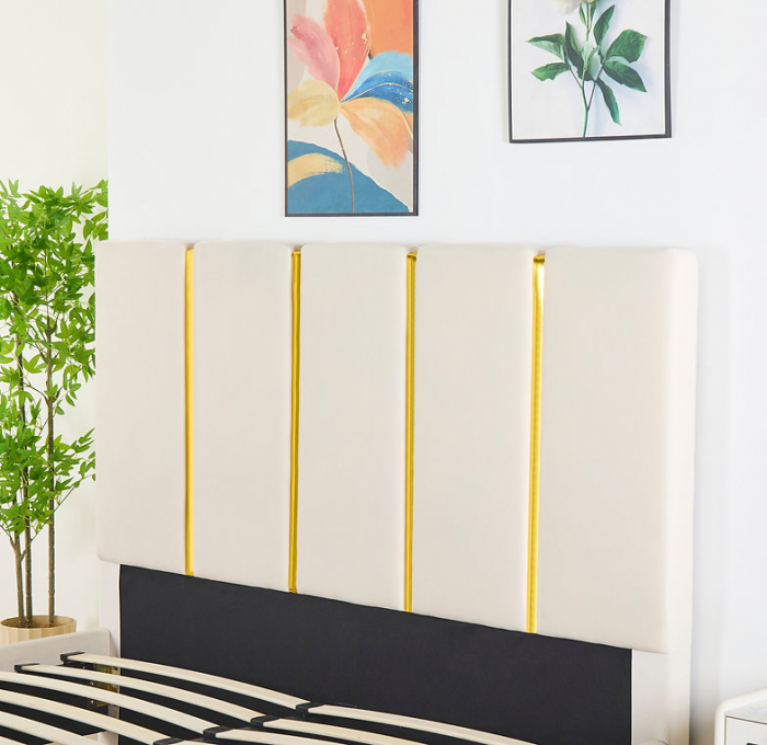 Pat Tapițat Catifea Bej 160x200 cm cu Somieră si Saltea  Inclusă – Cod LB-214 [3]