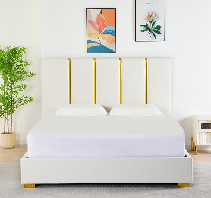 Pat Tapițat Catifea Alb 160x200 cm cu Somieră si Saltea  Inclusă – Cod LB-214 [3]