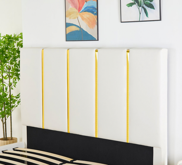 Pat Tapițat Catifea Alb 160x200 cm cu Somieră si Saltea  Inclusă – Cod LB-214 [2]