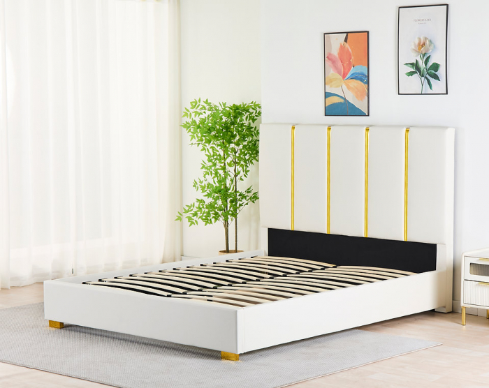 Pat Tapițat Catifea Alb 160x200 cm cu Somieră si Saltea  Inclusă – Cod LB-214 [1]