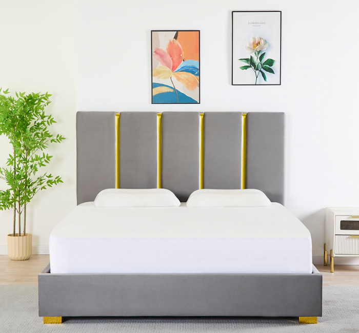 Pat Tapițat Catifea Gri 160x200 cm cu Somieră si Saltea  Inclusă – Cod LB-214 [4]