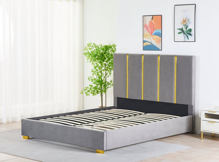 Pat Tapițat Catifea Gri 160x200 cm cu Somieră si Saltea  Inclusă – Cod LB-214 [2]