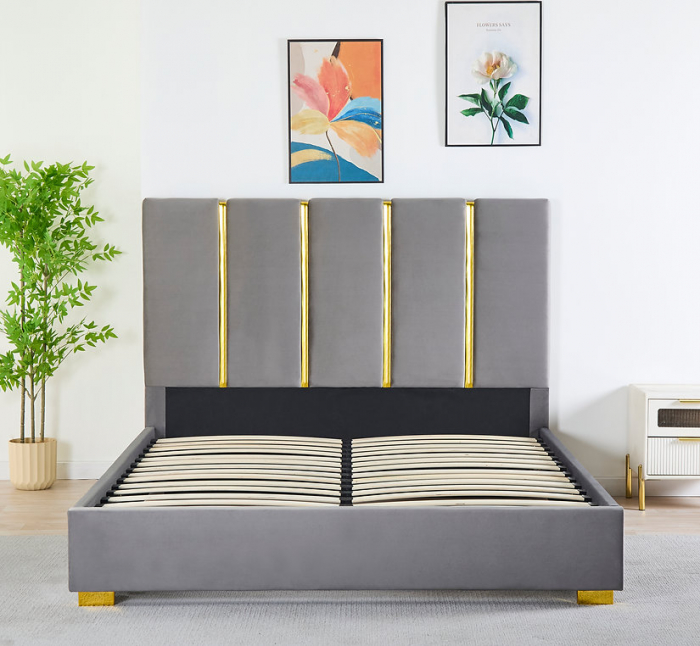 Pat Tapițat Catifea Gri 160x200 cm cu Somieră si Saltea  Inclusă – Cod LB-214 [1]