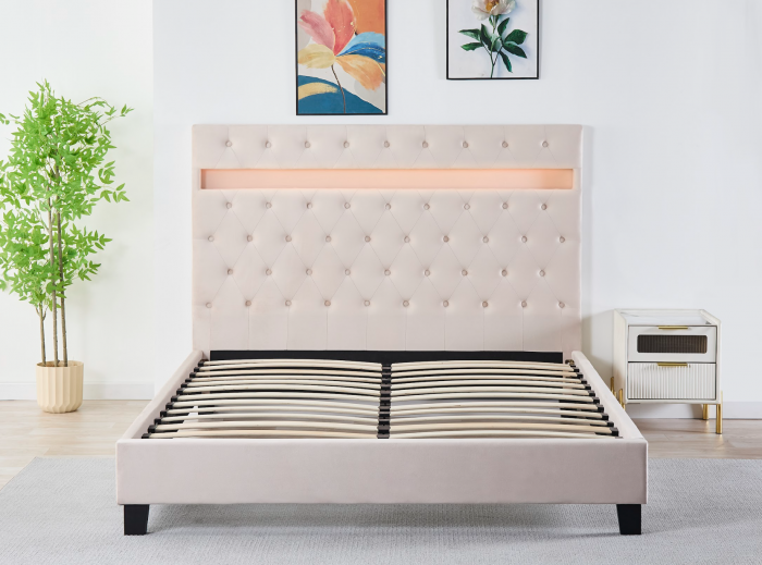 Pat Tapițat Catifea cu Iluminare LED, Somieră si Saltea Inclusă – Bej 160x200 cm | Cod FB-18 [4]