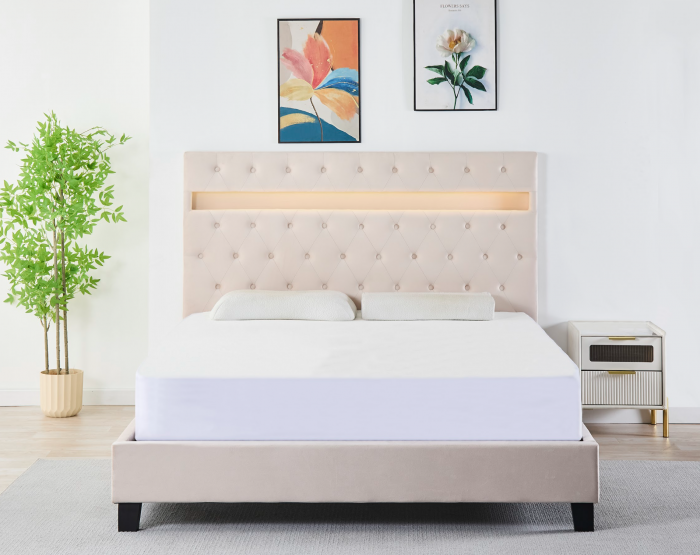 Pat Tapițat Catifea cu Iluminare LED, Somieră si Saltea Inclusă – Bej 160x200 cm | Cod FB-18 [2]