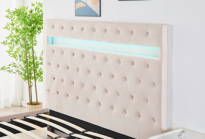 Pat Tapițat Catifea cu Iluminare LED, Somieră si Saltea Inclusă – Bej 160x200 cm | Cod FB-18 [3]