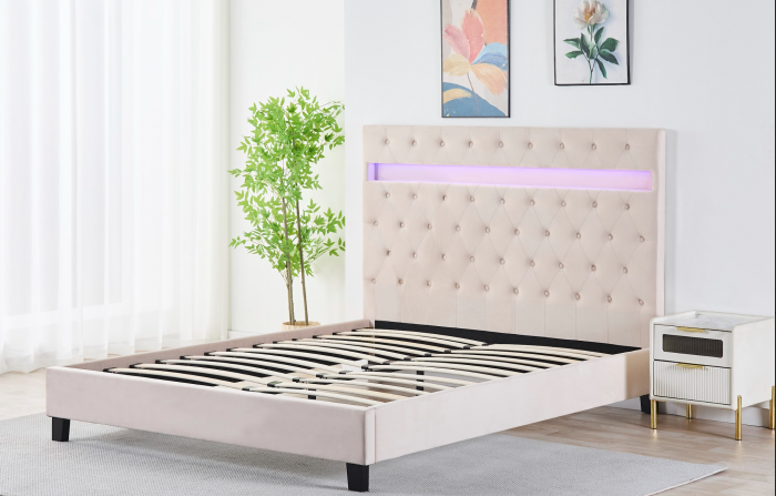 Pat Tapițat Catifea cu Iluminare LED, Somieră si Saltea Inclusă – Bej 160x200 cm | Cod FB-18 [1]