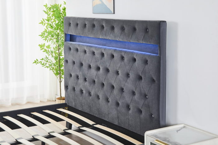 Pat Tapițat Catifea cu Iluminare LED, Somieră si Saltea Inclusă – Gri 160x200 cm | Cod FB-18 [3]