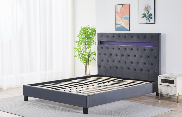 Pat Tapițat Catifea cu Iluminare LED, Somieră si Saltea Inclusă – Gri 160x200 cm | Cod FB-18 [1]