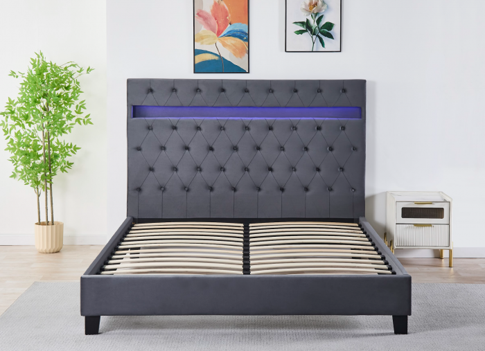 Pat Tapițat Catifea cu Iluminare LED, Somieră si Saltea Inclusă – Gri 160x200 cm | Cod FB-18 [4]