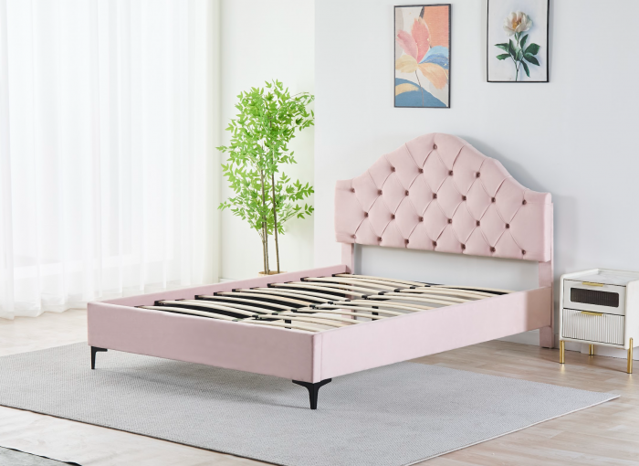 Pat Tapițat Catifea Roz 140x200 cm cu Somieră si Saltea Inclusă – Cod FB-227 [3]