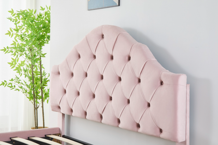 Pat Tapițat Catifea Roz 140x200 cm cu Somieră si Saltea Inclusă – Cod FB-227 [2]