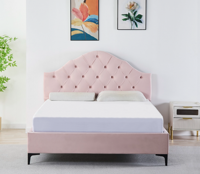 Pat Tapițat Catifea Roz 140x200 cm cu Somieră si Saltea Inclusă – Cod FB-227 [1]