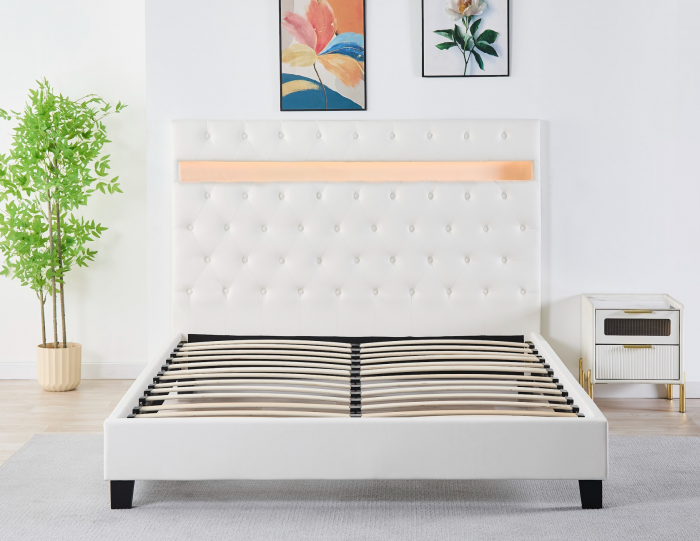 Pat Tapițat Catifea cu Iluminare LED, Somieră si Saltea Inclusă – Alb 160x200 cm | Cod FB-18 [4]