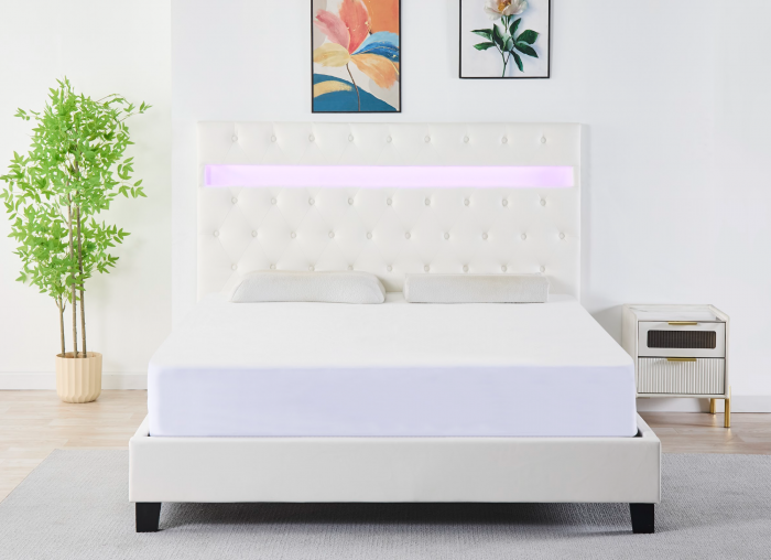 Pat Tapițat Catifea cu Iluminare LED, Somieră si Saltea Inclusă – Alb 160x200 cm | Cod FB-18 [2]