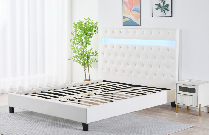 Pat Tapițat Catifea cu Iluminare LED, Somieră si Saltea Inclusă – Alb 160x200 cm | Cod FB-18 [1]