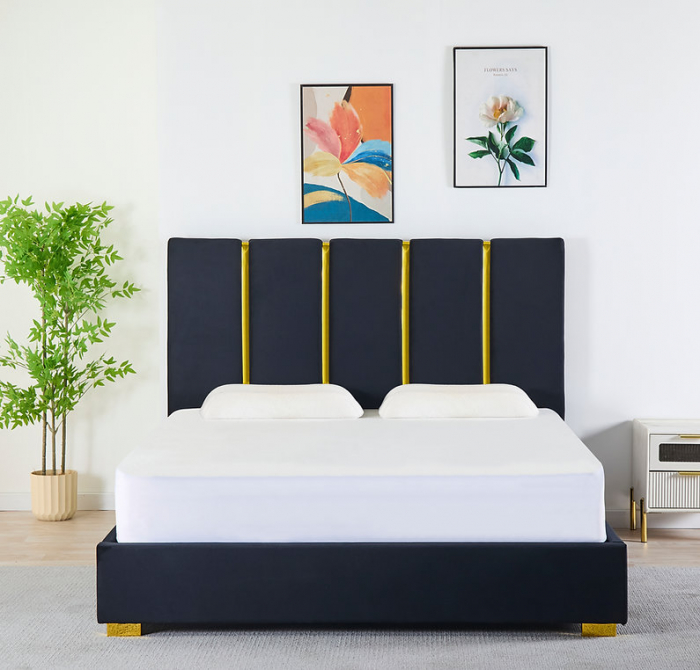 Pat Tapițat Catifea Negru 160x200 cm cu Somieră si Saltea  Inclusă – Cod LB-214 [5]
