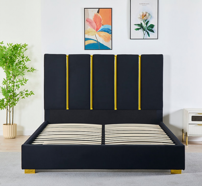 Pat Tapițat Catifea Negru 160x200 cm cu Somieră si Saltea  Inclusă – Cod LB-214 [4]