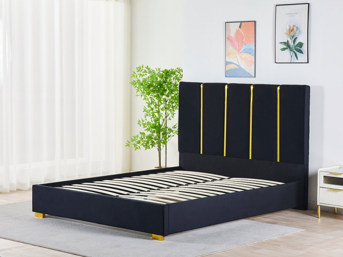 Pat Tapițat Catifea Negru 160x200 cm cu Somieră si Saltea  Inclusă – Cod LB-214 [1]