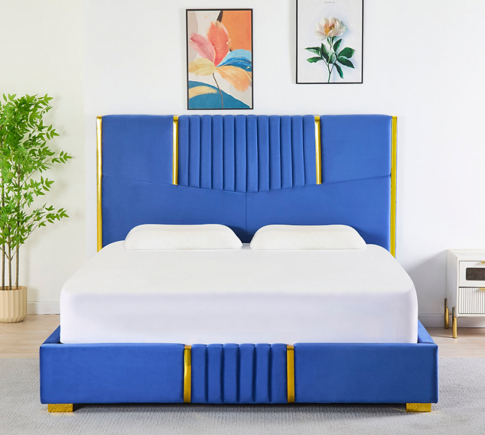 Pat Tapițat din Catifea Albastră cu Somieră si Saltea – 160x200 cm, Cod LB-215 [1]
