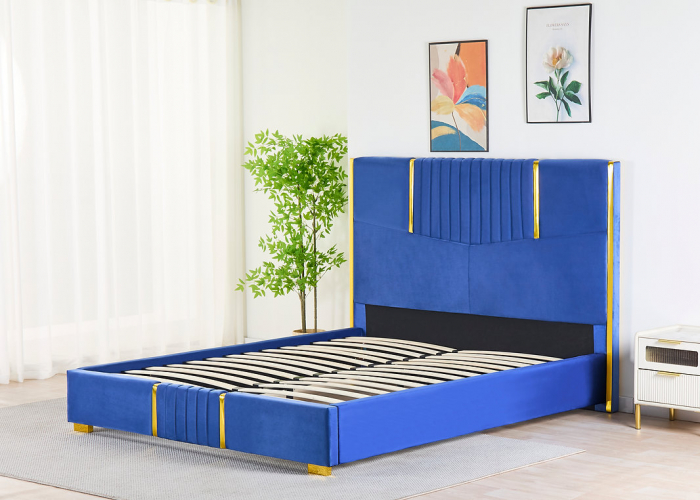 Pat Tapițat din Catifea Albastră cu Somieră si Saltea – 160x200 cm, Cod LB-215 [3]