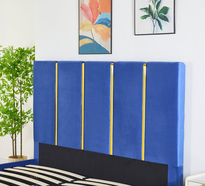 Pat Tapițat Catifea Albastru 160x200 cm cu Somieră si Saltea  Inclusă – Cod LB-214 [3]