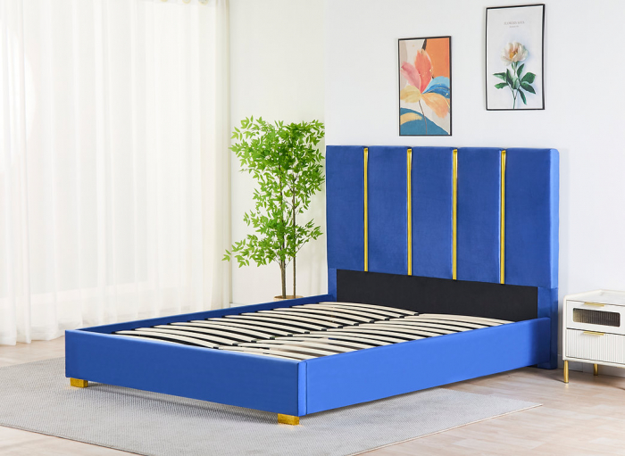 Pat Tapițat Catifea Albastru 160x200 cm cu Somieră si Saltea  Inclusă – Cod LB-214 [1]