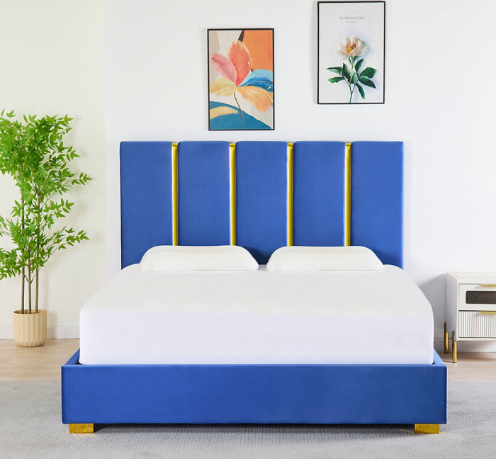 Pat Tapițat Catifea Albastru 160x200 cm cu Somieră si Saltea  Inclusă – Cod LB-214 [4]