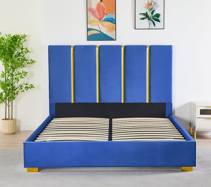 Pat Tapițat Catifea Albastru 160x200 cm cu Somieră si Saltea  Inclusă – Cod LB-214 [2]