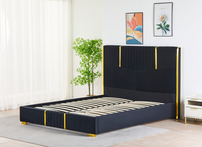 Pat Tapițat din Catifea Negru cu Somieră si Saltea – 160x200 cm, Cod LB-215 [2]
