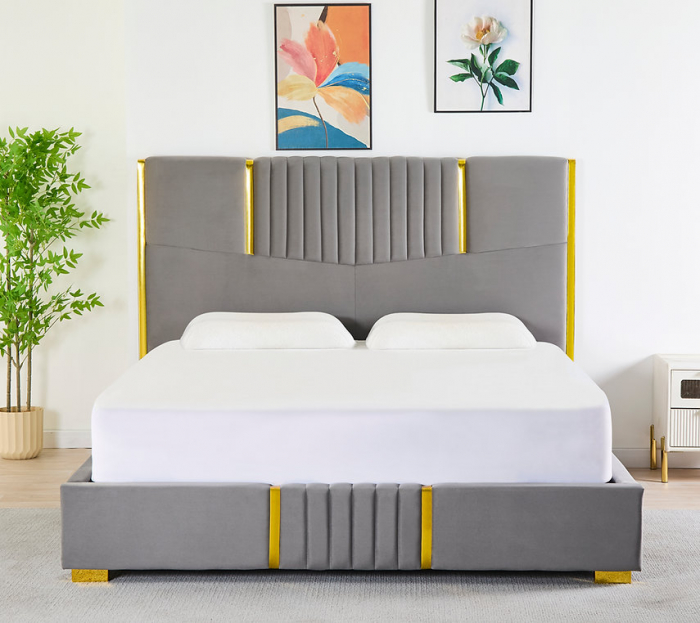 Pat Tapițat din Catifea Gri cu Somieră si Saltea – 160x200 cm, Cod LB-215 [1]