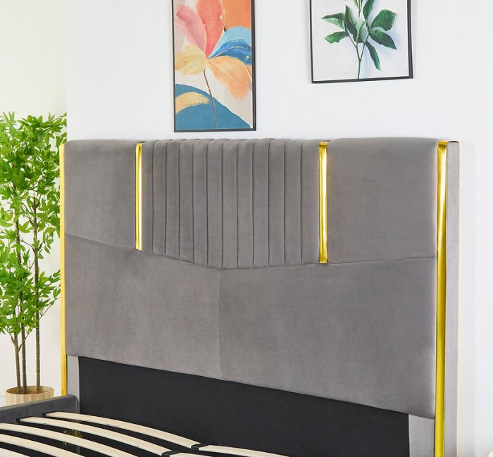 Pat Tapițat din Catifea Gri cu Somieră si Saltea – 160x200 cm, Cod LB-215 [4]