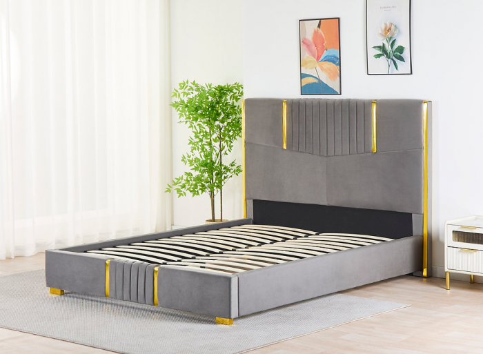 Pat Tapițat din Catifea Gri cu Somieră si Saltea – 160x200 cm, Cod LB-215 [3]