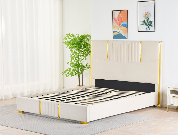 Pat Tapițat din Catifea Bej cu Somieră si Saltea – 160x200 cm, Cod LB-215 [3]