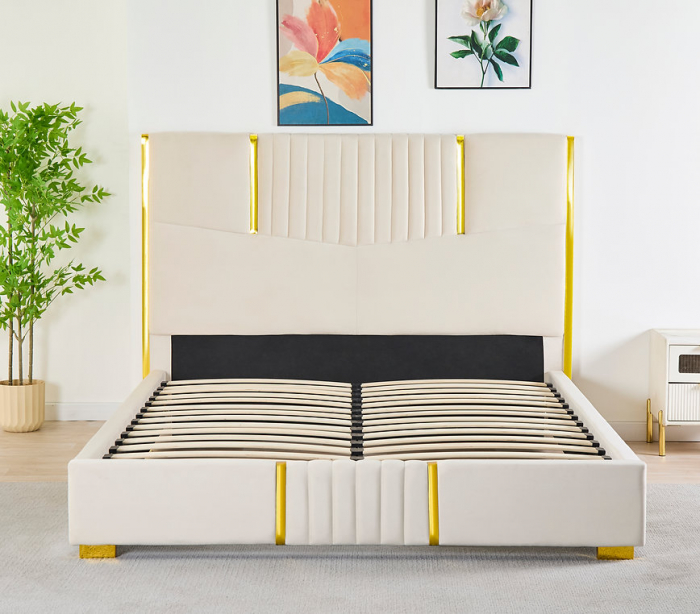 Pat Tapițat din Catifea Bej cu Somieră si Saltea – 160x200 cm, Cod LB-215 [4]