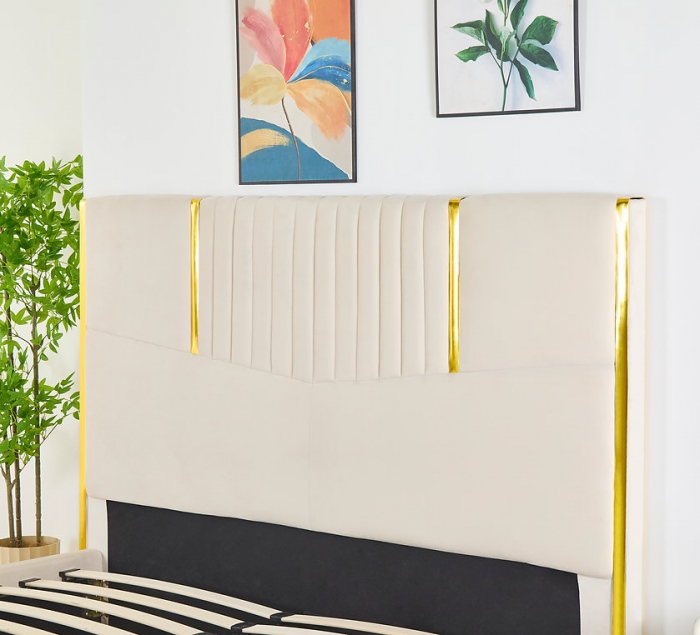 Pat Tapițat din Catifea Bej cu Somieră si Saltea – 160x200 cm, Cod LB-215 [2]