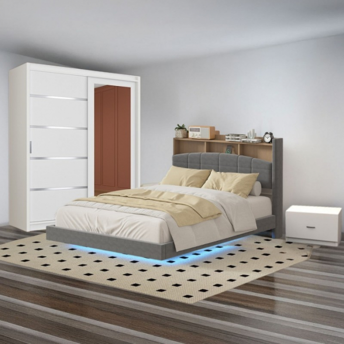 Dormitor COD A013 GRI- Pat 160X200 cu LED si Saltea Inclusa [1]
